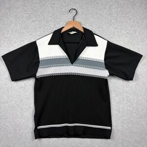Vintage 50s 60s Knit Polo Shirt Mens Large‎ Black Gray Johnny Collar Rockabilly